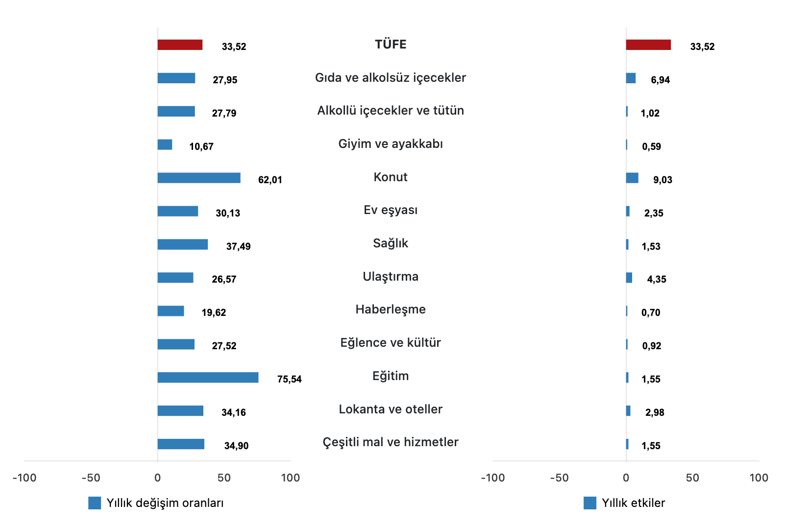 TÜFE ana harcama gruplarının yıllık değişim oranları ve genel endeks değişimine etkileri (%), Temmuz 2025